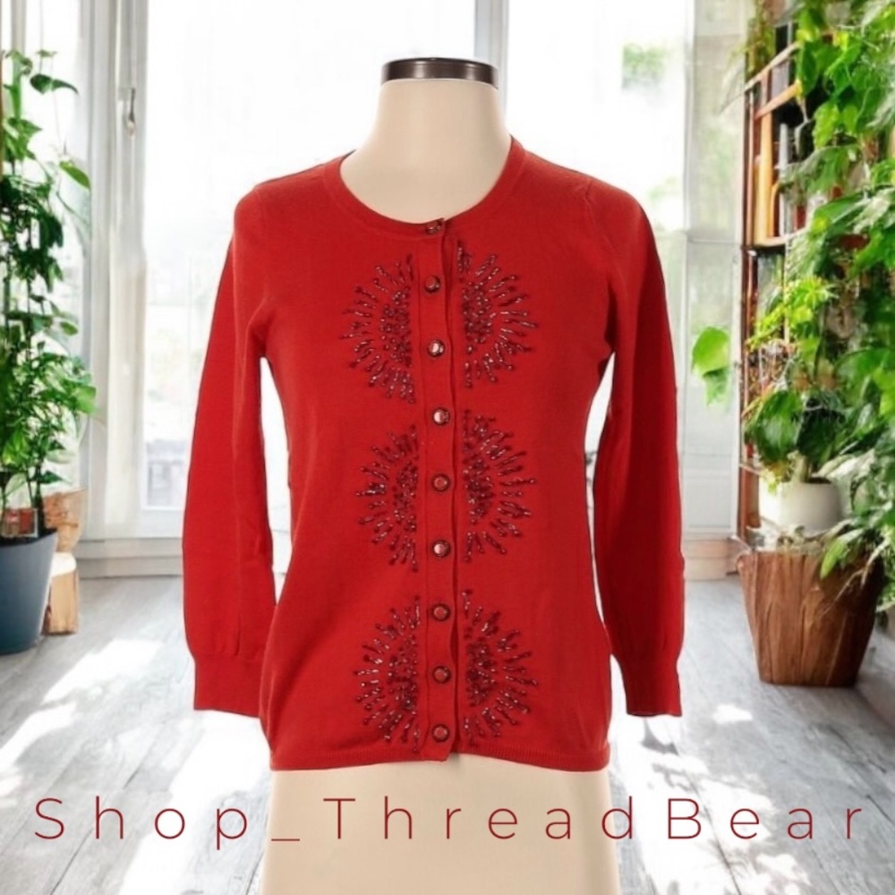 Elegant HWR Monogram {Anthro} Beaded Red + Orange VNTG Cardigan Sweater | Medium